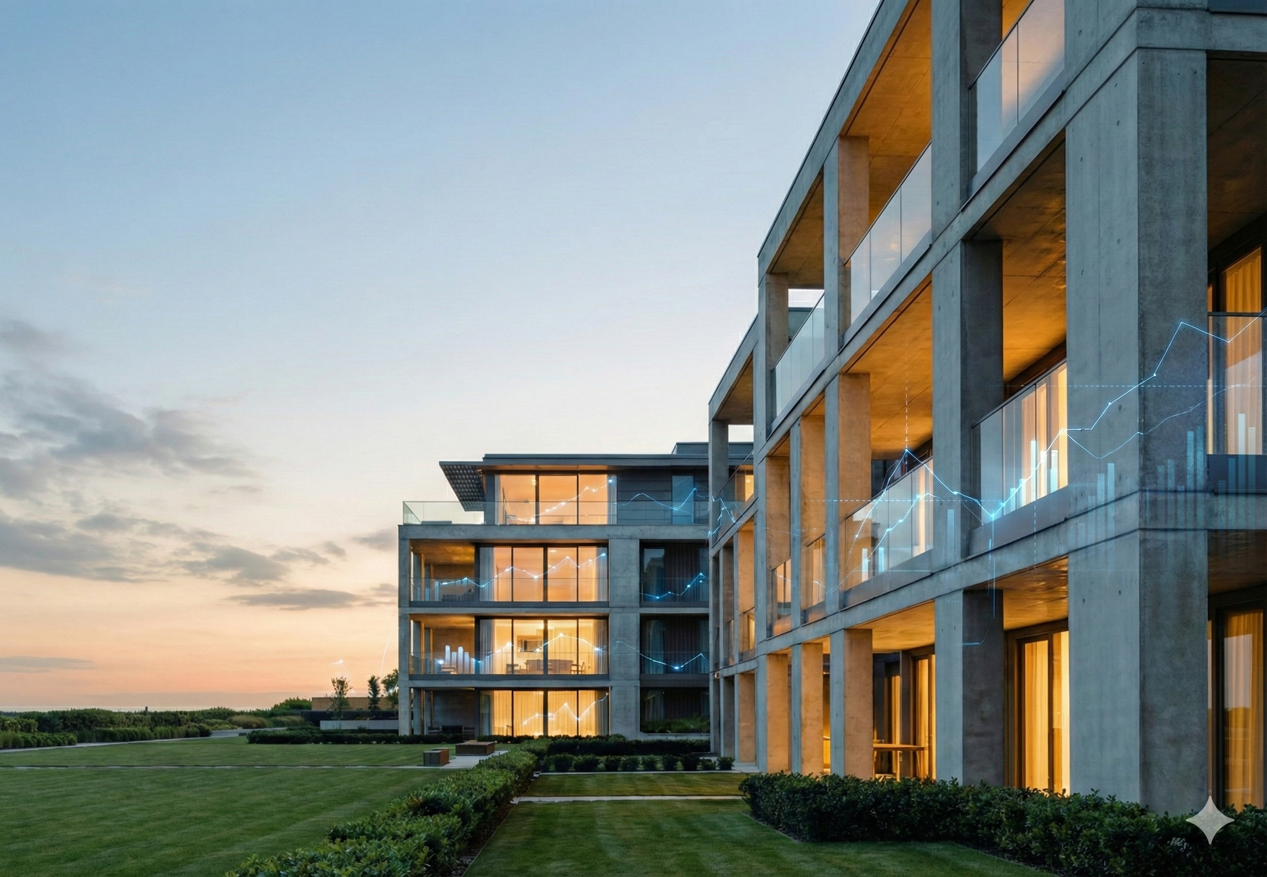 Modern multifamily building with data overlay